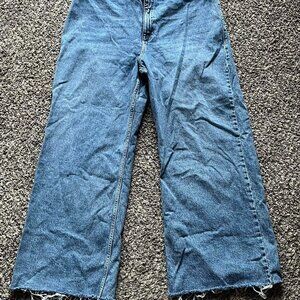MNG Mango Jeans Womens 14 Blue High-Waisted Wide-Leg Frayed Distressed Denim